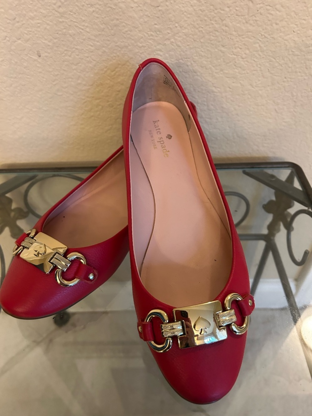 kate spade Red Leather Loafers with Gold Buckle Detail
